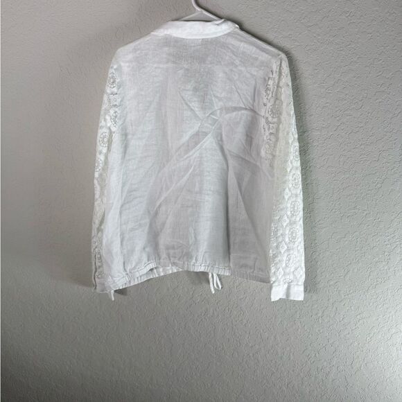 J. Jill White Linen Button Front Lace Sleeves Drawstring Waist Blouse Size M - Picture 8 of 11